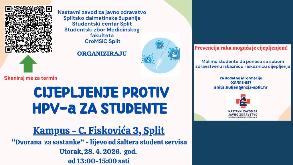 Cijepljenje protiv HPV-a za studente Splitskog sveučilišta 28. travnja. 2026.